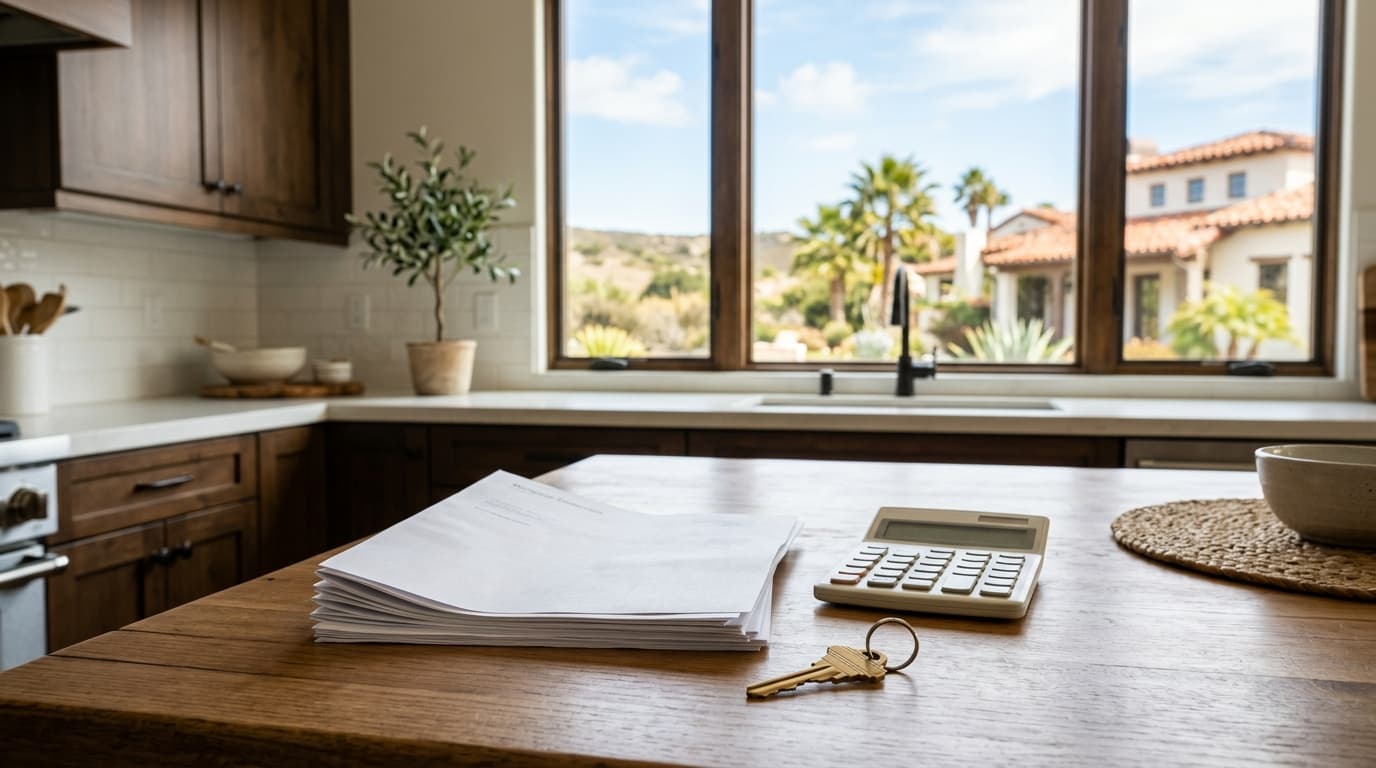 Stack of mortgage statements and a calculator on a kitchen table beside a house key